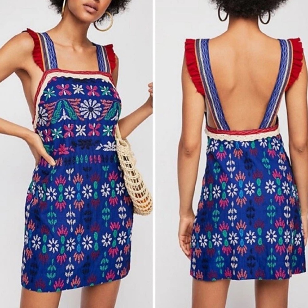 Free People Blue Embroidered Floral Mini Dress with Red Straps